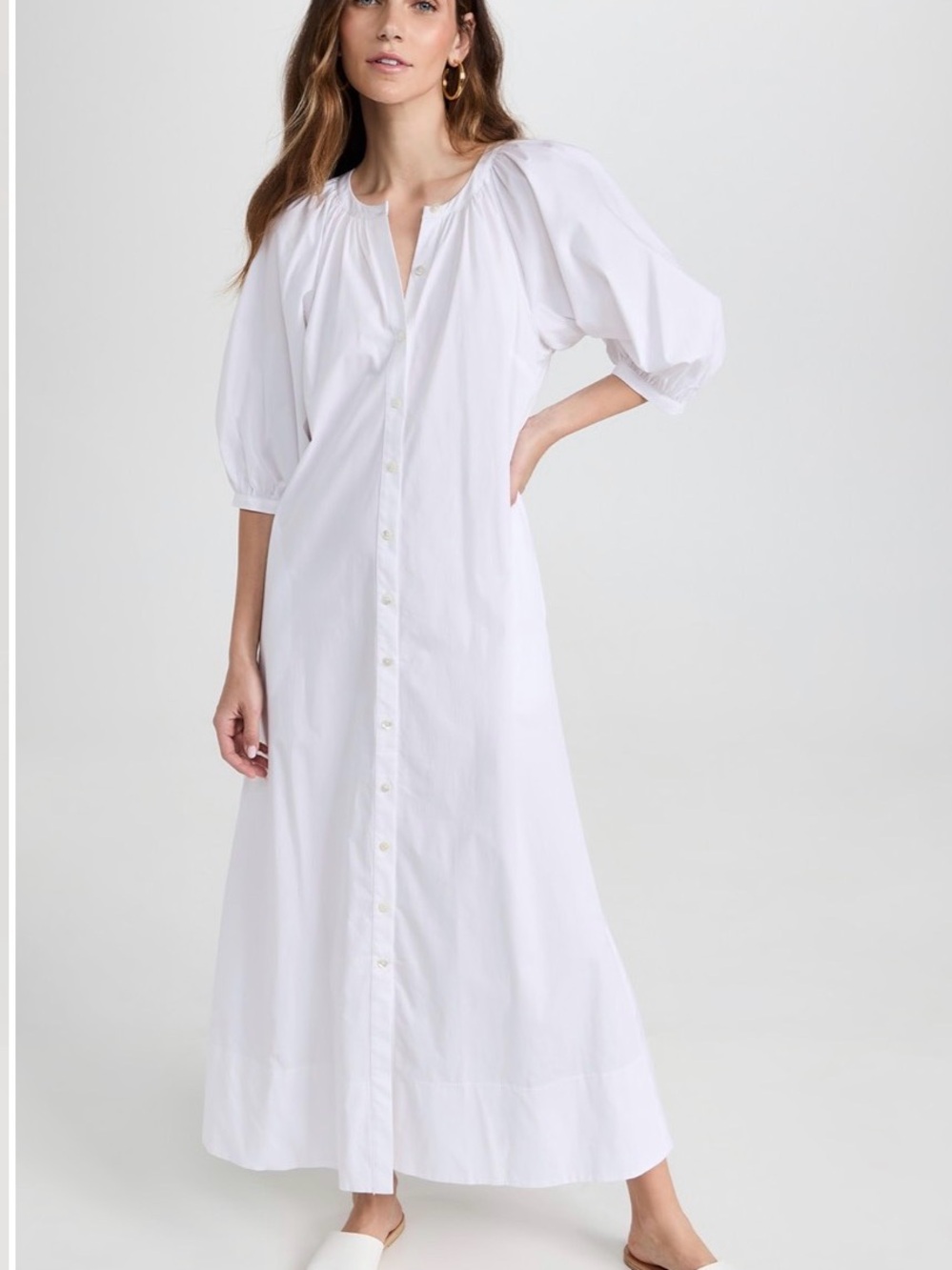 Staud White Button-Front Maxi Dress with Puff Sleeves - Picture 1 of 2